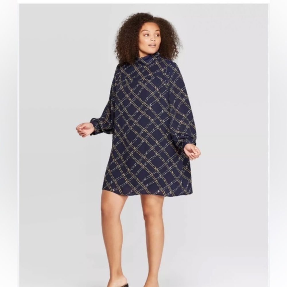 WHO WHAT WHERE Blue Chain Print Small Long Sleeve High Collar w/ Buttons Pockets